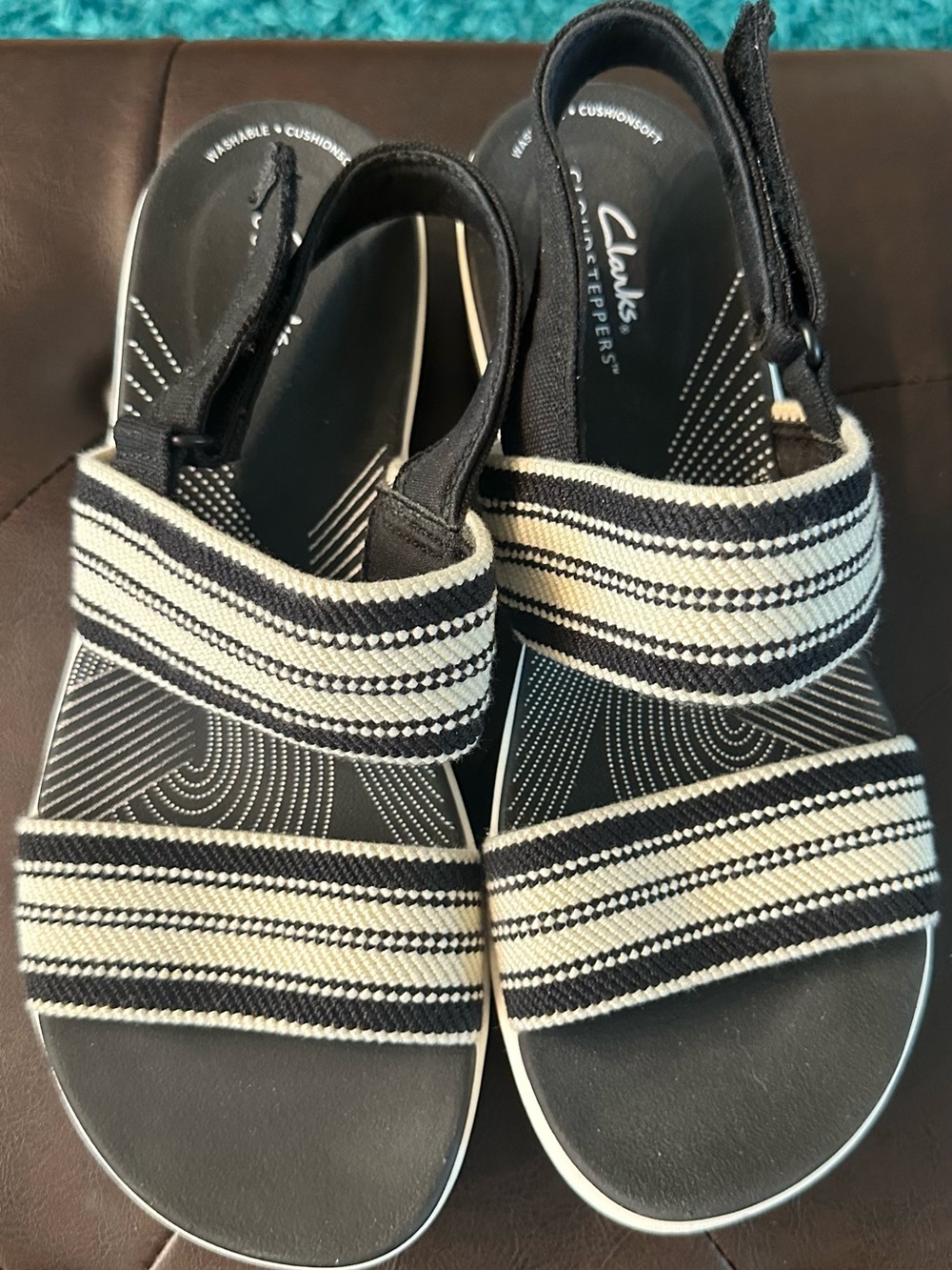 Clarks Black and Cream Striped Slingback Sandals